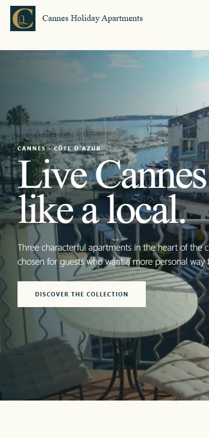 Cannes Holiday Apartments homepage on mobile