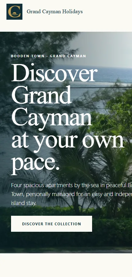 Grand Cayman Holidays homepage on mobile