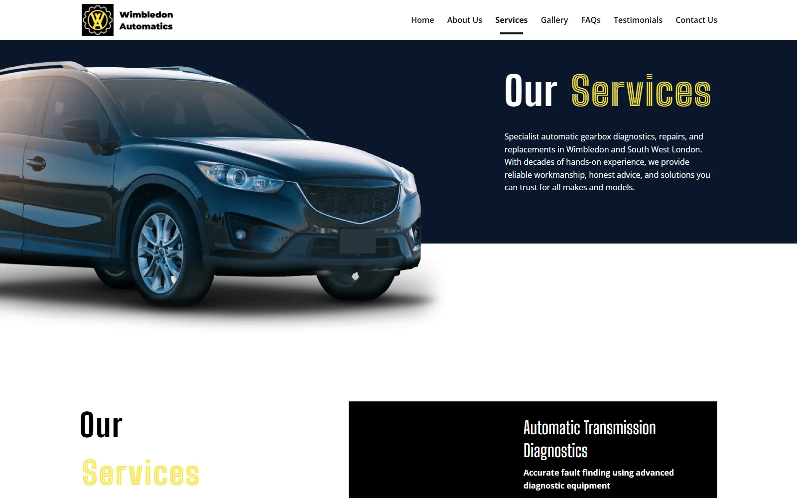 Wimbledon Automatics services page displayed on desktop