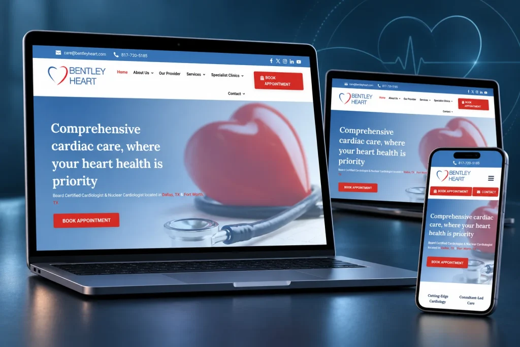 Bentley Heart website shown across laptop, desktop and mobile screens