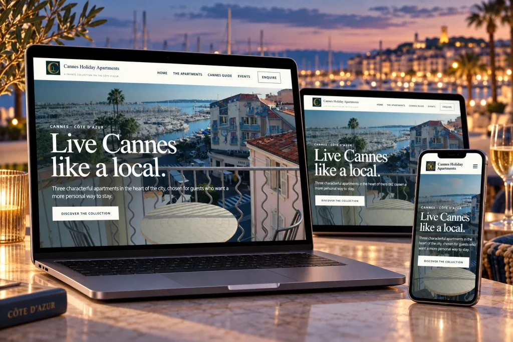 Cannes Holiday Apartments website shown across laptop, desktop and mobile screens
