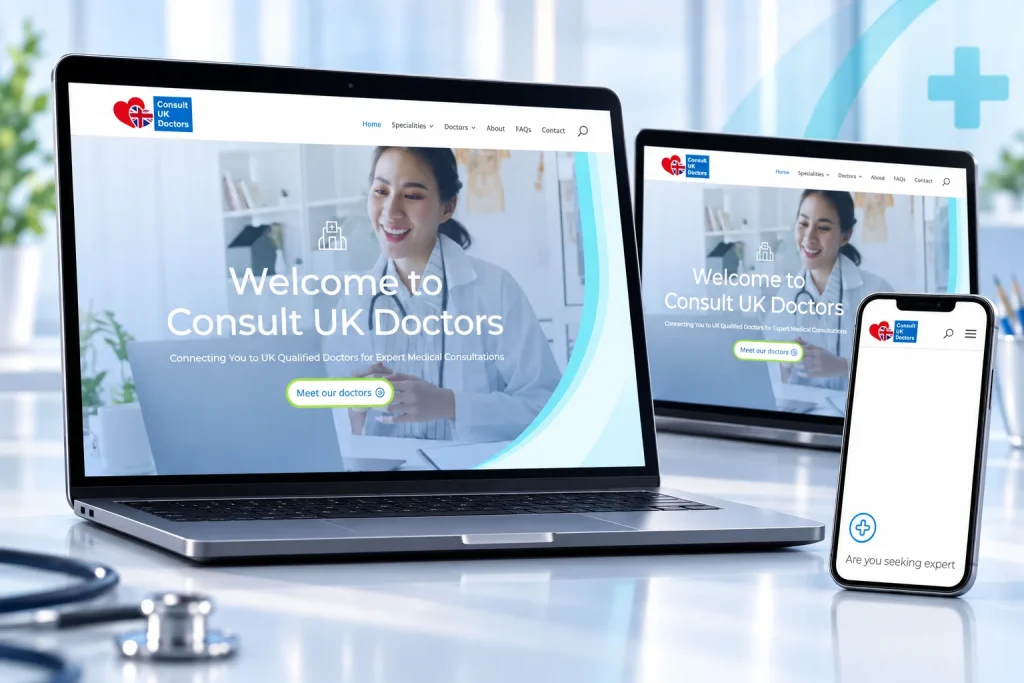 Consult UK Doctors website shown across laptop, desktop and mobile screens