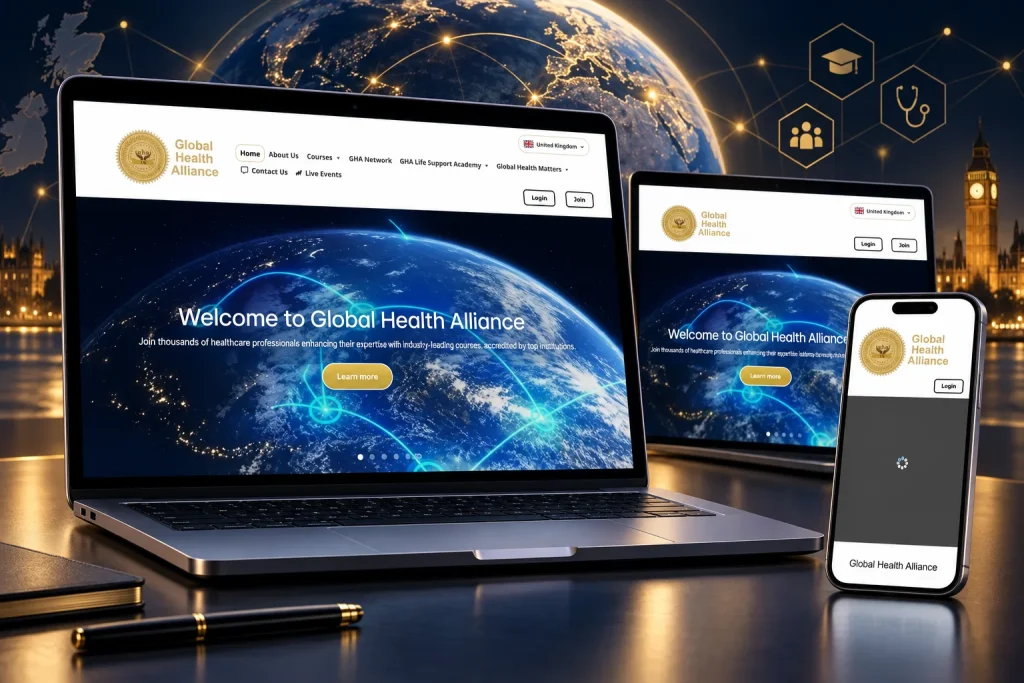 GHA Health UK website shown across laptop, desktop and mobile screens