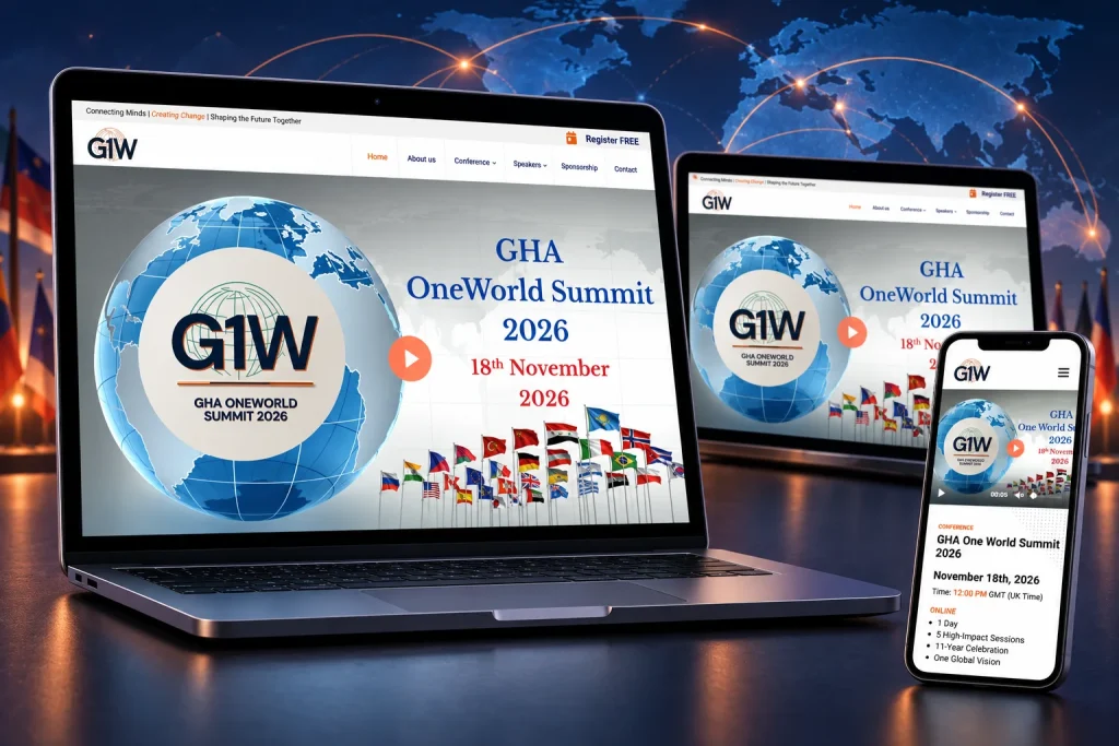 GHA One World website shown across laptop, desktop and mobile screens