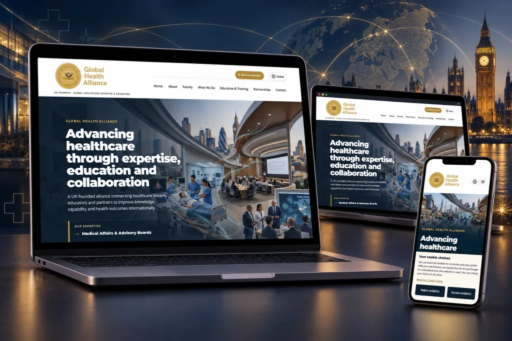 Global Health Alliance website shown across laptop, desktop and mobile screens