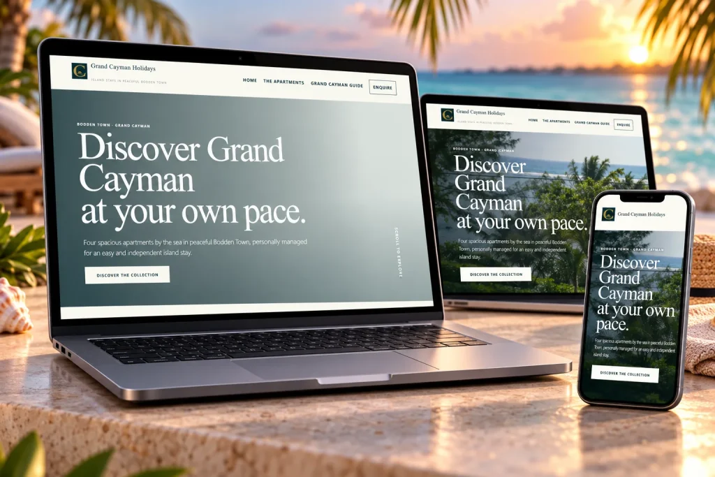Grand Cayman Holidays website shown across laptop, desktop and mobile screens