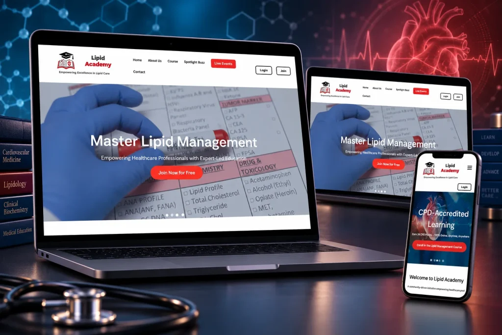 Lipid Academy website shown across laptop, desktop and mobile screens