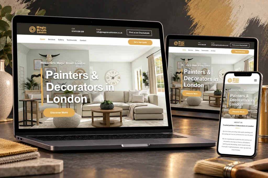 Magic Brush website shown across laptop, desktop and mobile screens