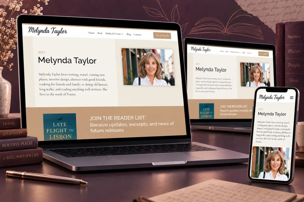 Melynda Taylor website shown across laptop, desktop and mobile screens