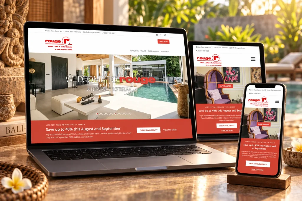 Rouge Bali website shown across laptop, desktop and mobile screens