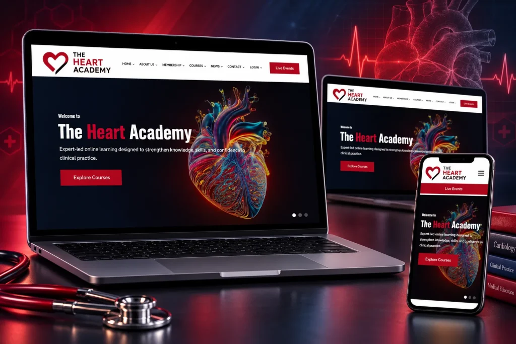 The Heart Academy website shown across laptop, desktop and mobile screens