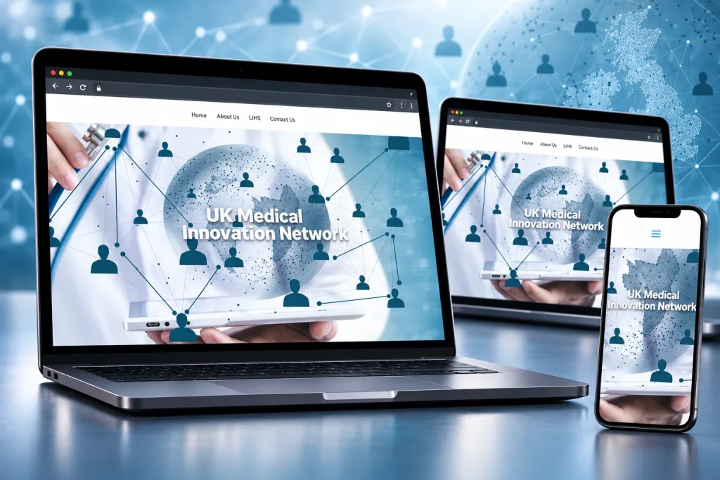 UK Medin website shown across laptop, desktop and mobile screens